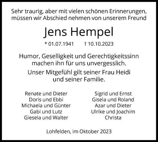 Todesanzeige von Jens Hempel von HNA
