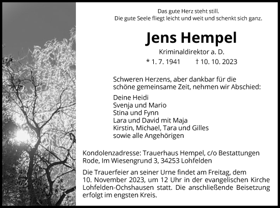 Todesanzeige von Jens Hempel von HNA