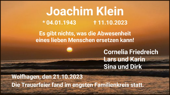 Todesanzeige von Joachim Klein von HNA