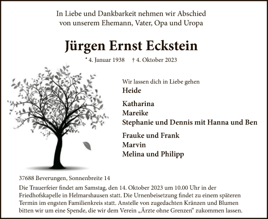 Todesanzeige von Jürgen Ernst Eckstein von HNA