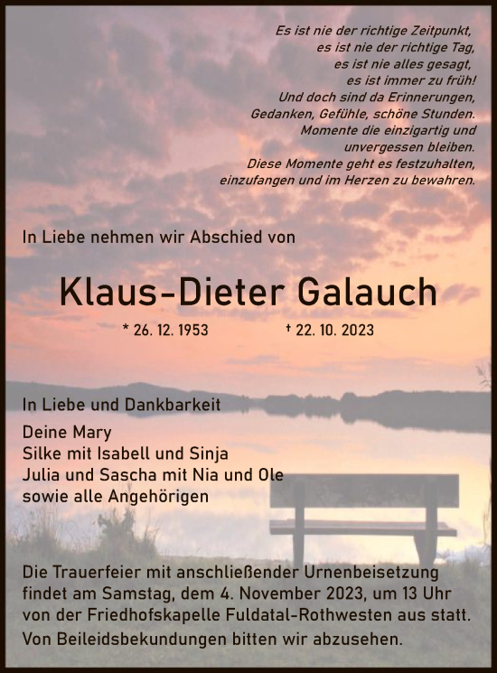 Todesanzeige von Klaus-Dieter Galauch von HNA