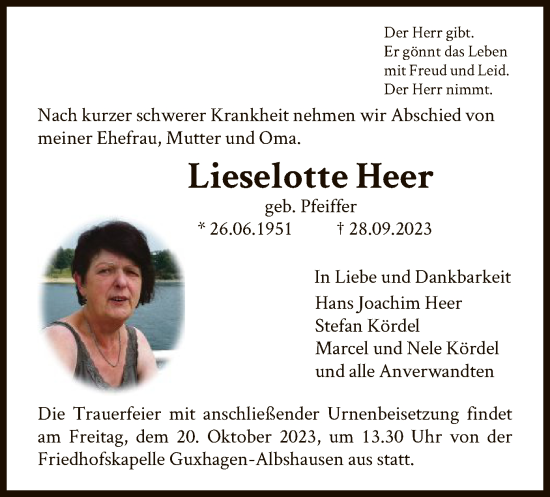 Todesanzeige von Lieselotte Heer von HNA