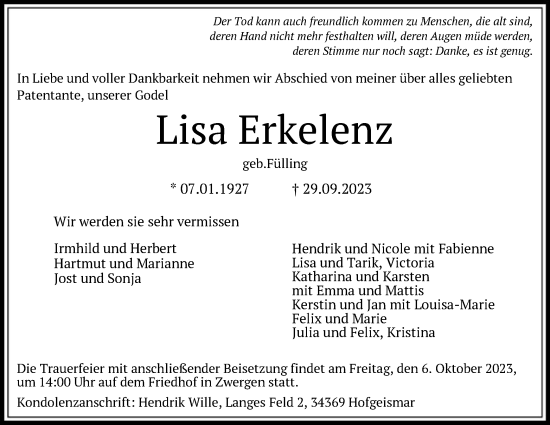 Todesanzeige von Lisa Erkelenz von HNA