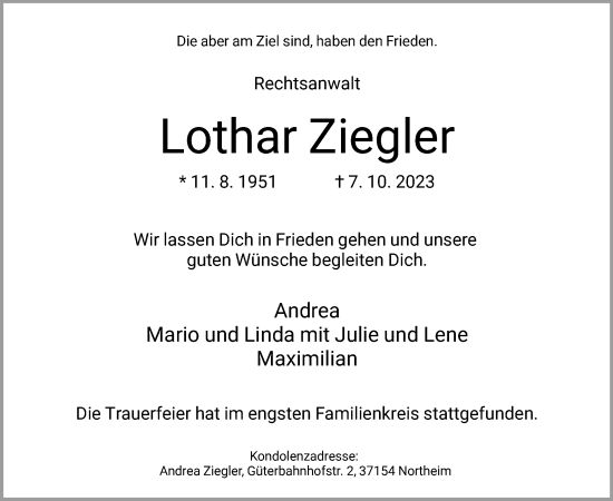 Todesanzeige von Lothar Ziegler von HNA