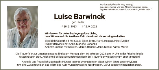 Todesanzeige von Luise Barwinek von HNA
