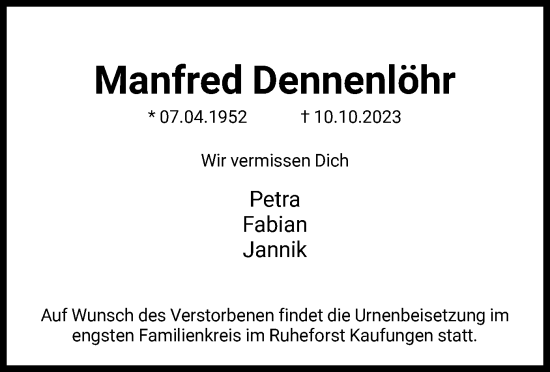 Todesanzeige von Manfred Dennenlöhr von HNA