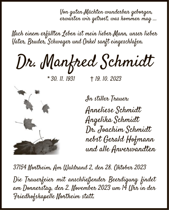 Todesanzeige von Manfred Schmidt von HNA