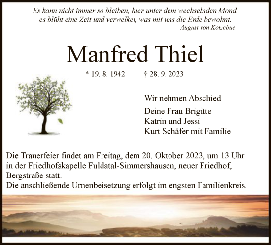 Todesanzeige von Manfred Thiel von HNA