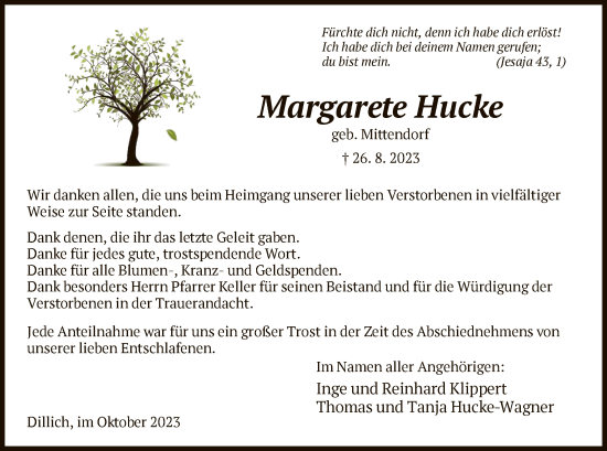 Todesanzeige von Margarete Hucke von HNA