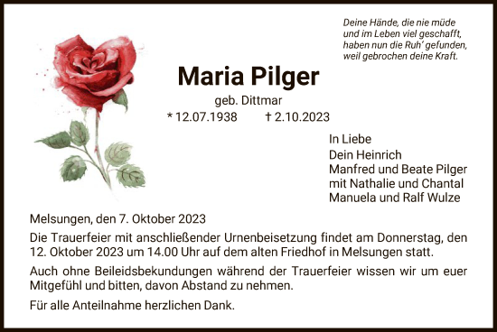 Todesanzeige von Maria Pilger von HNA