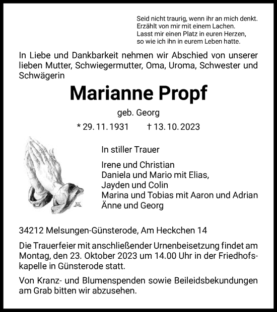 Todesanzeige von Marianne Propf von HNA