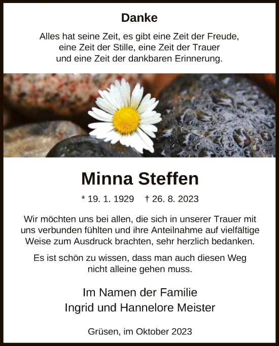 Todesanzeige von Minna Steffen von HNA