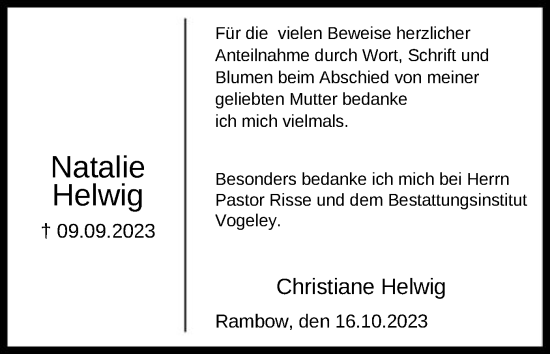 Todesanzeige von Natalie Helwig von HNA