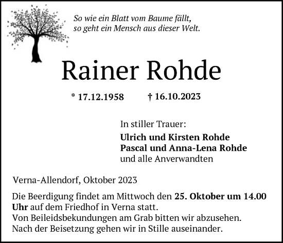 Todesanzeige von Rainer Rohde von HNA