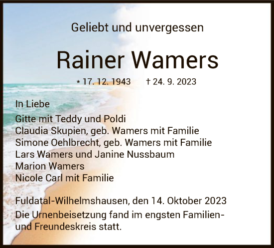 Todesanzeige von Rainer Wamers von HNAHNA