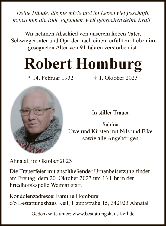 Todesanzeige von Robert Homburg von HNAHNA
