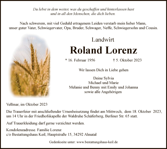 Todesanzeige von Roland Lorenz von HNAHNA