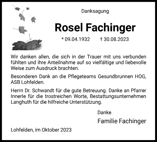 Todesanzeige von Rosel Fachinger von HNA