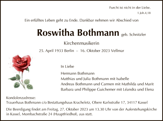 Todesanzeige von Roswitha Bothmann von HNA