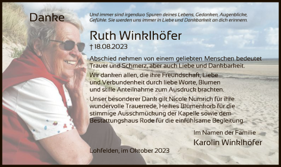 Todesanzeige von Ruth Winklhöfer von HNA