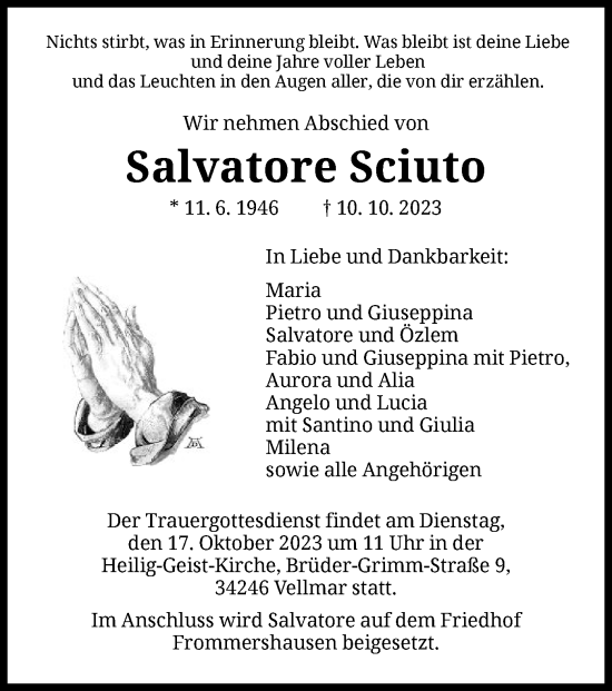 Todesanzeige von Salvatore Sciuto von HNA