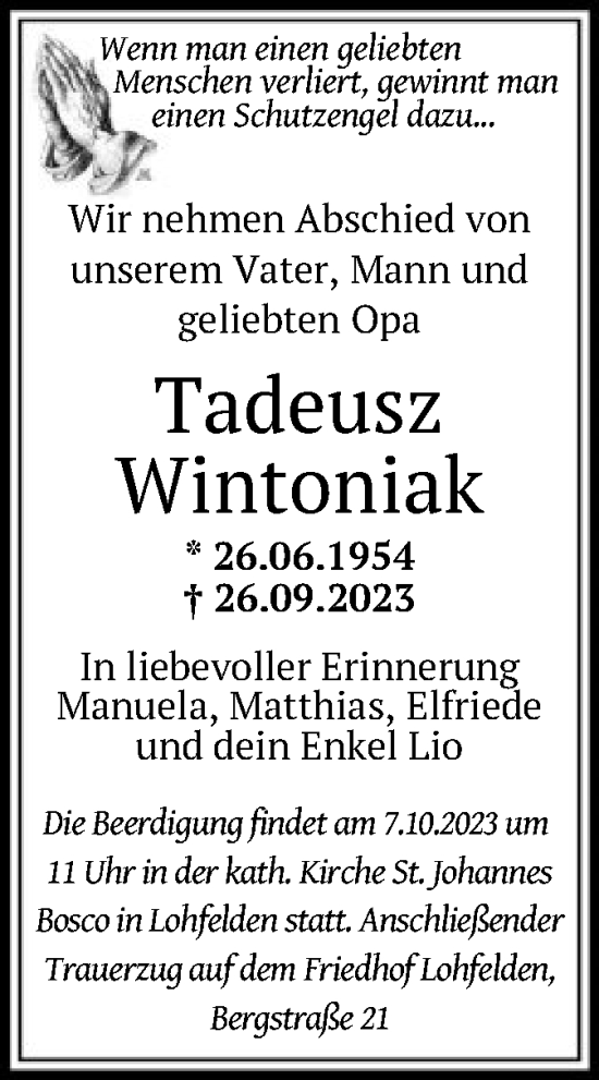 Todesanzeige von Tadeusz Wintoniak von HNA
