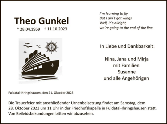 Todesanzeige von Theo Gunkel von HNA