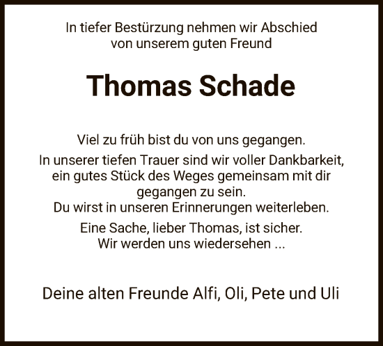 Todesanzeige von Thomas Schade von HNA