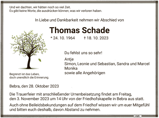 Todesanzeige von Thomas Schade von HNA