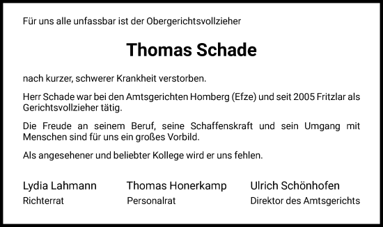 Todesanzeige von Thomas Schade von HNAHNA