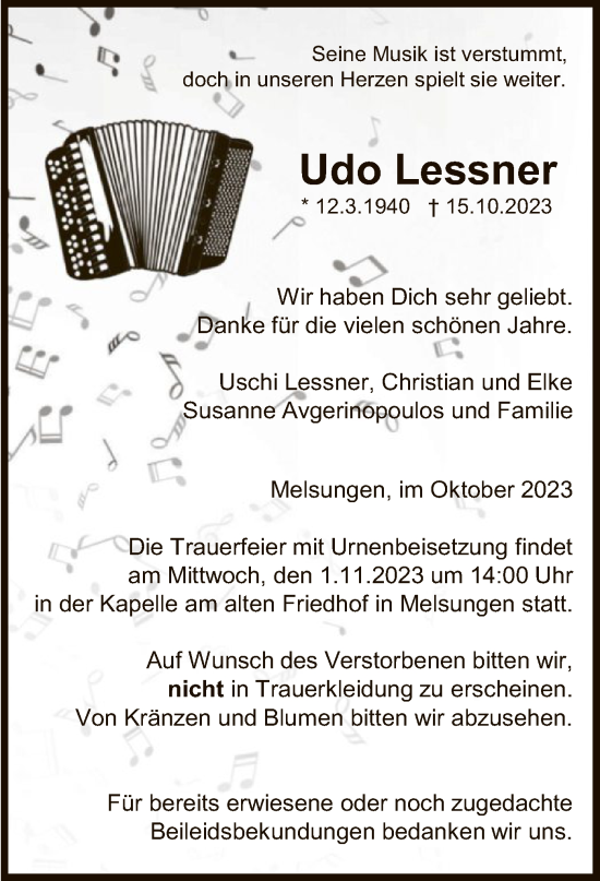 Todesanzeige von Udo Lessner von HNA