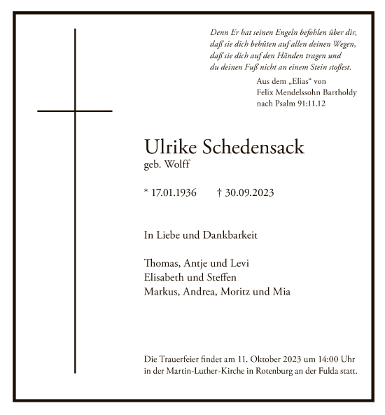 Todesanzeige von Ulrike Schedensack von HNA
