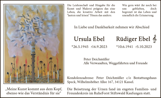 Todesanzeige von Ursula und Rüdiger Ebel von HNA