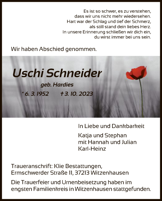 Todesanzeige von Uschi Schneider von HNAHNA