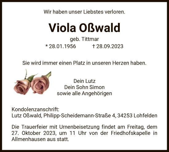 Todesanzeige von Viola Oßwald von HNA