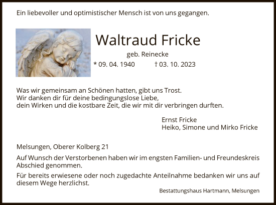 Todesanzeige von Waltraud Fricke von HNA