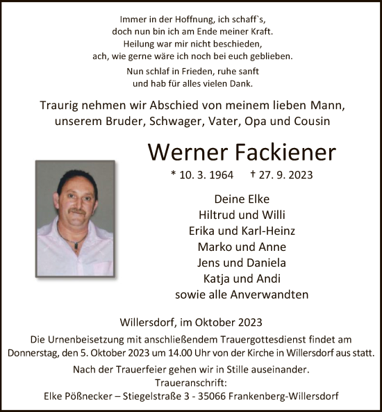 Todesanzeige von Werner Fackiener von HNA