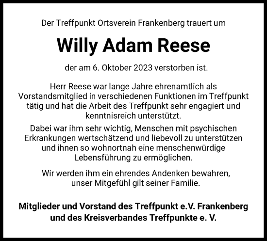 Todesanzeige von Willy Adam Reese von HNA