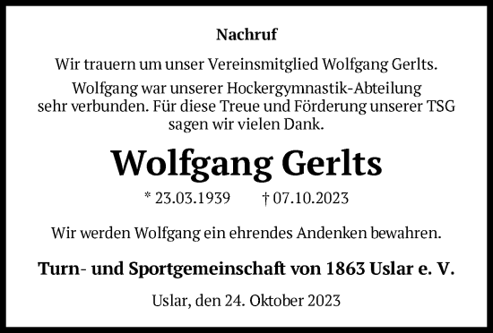 Todesanzeige von Wolfgang Gerlts von HNA
