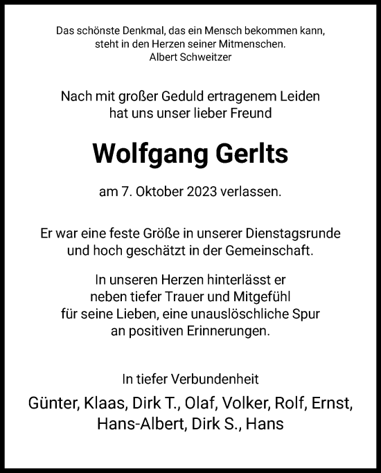 Todesanzeige von Wolfgang Gerlts von HNA