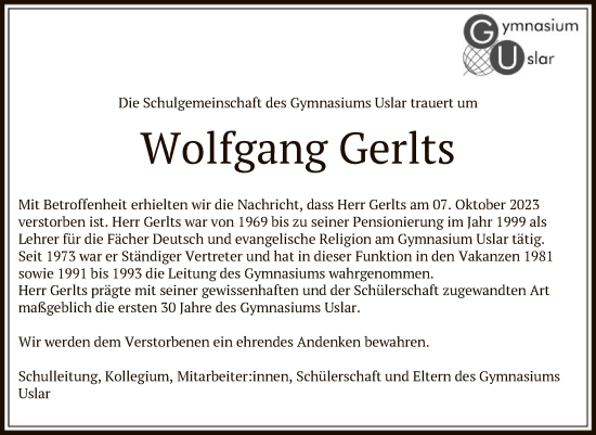 Todesanzeige von Wolfgang Gerlts von HNA