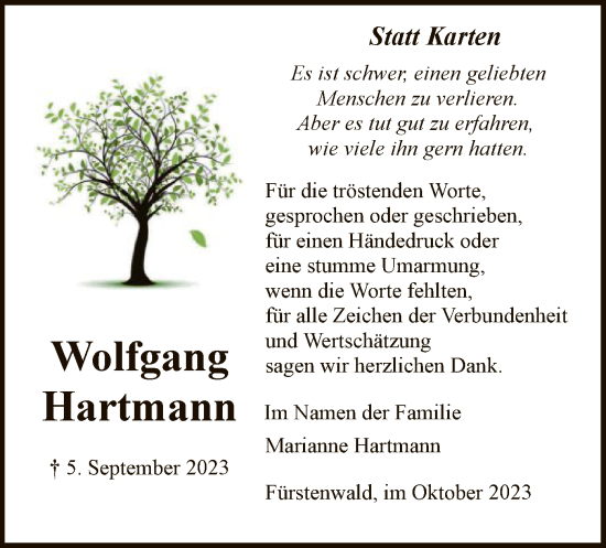 Todesanzeige von Wolfgang Hartmann von HNA