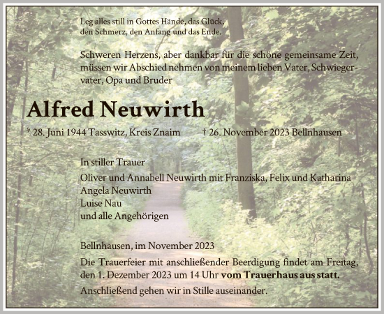 Todesanzeige von Alfred Neuwirth von HNA