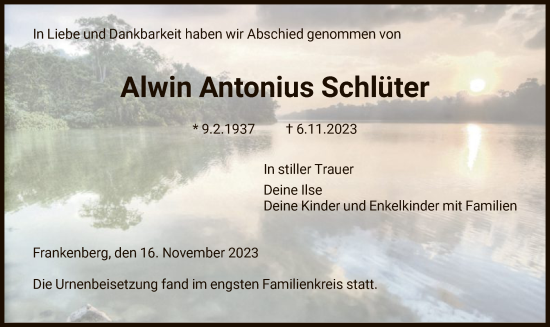 Todesanzeige von Alwin Antonius Schlüter von HNA