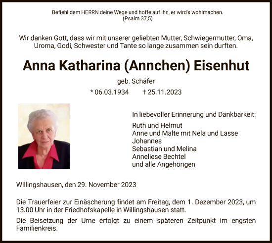Todesanzeige von Anna Katharina Eisenhut von HNA