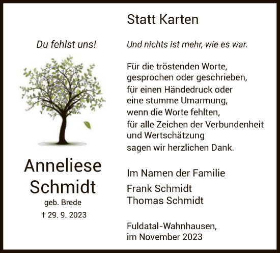 Todesanzeige von Anneliese Schmidt von HNA