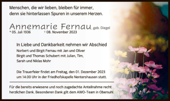 Todesanzeige von Annemarie Fernau von HNAHNA