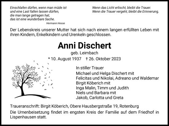 Todesanzeige von Anni Dischert von HNA