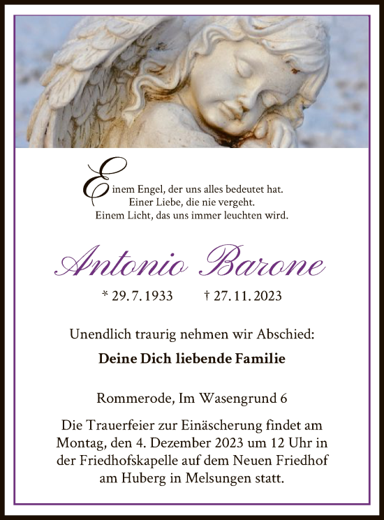 Todesanzeige von Antonio Barone von HNA