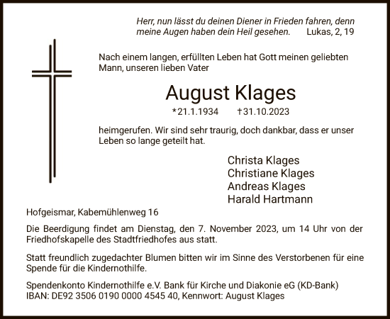 Todesanzeige von August Klages von HNA